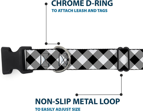 Buckle-Down Diagonal Buffalo Plaid Black/White Plastic Clip Collar, Large/15-26" PC-W30433-L
