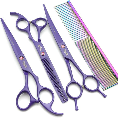 KINGSTAR 7.0in. Set,Straight Set Comb,case,A429 Matt Purple Professional Pet Grooming Scissors & Thinning & Curved