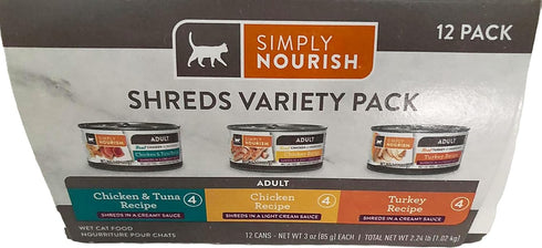 SIMPLY NOURISH 1-12 Pack Pack. 4-Chicken Tuna,4-Chicken 4-Turkey Sauce.12-3 Cat Canned Food. of Shreds Variety