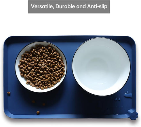 Hoki Found Silicone Pet Food Mats Tray - Non-Slip Dog Cat Bowl Mats, Waterproof Feeding Mat - Indigo Ink