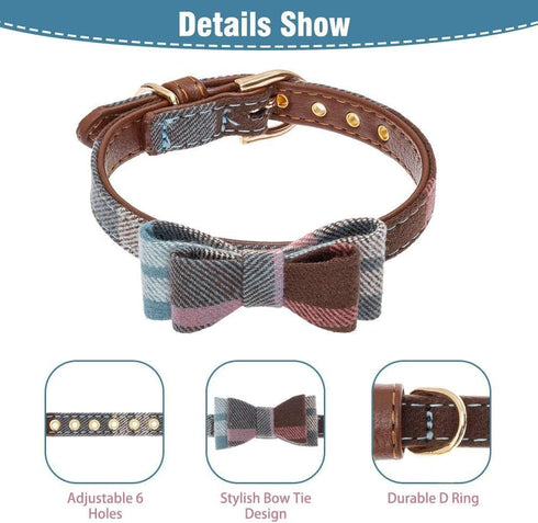 EXPAWLORER Dog Leash and Collar Set - Adjustable Cute Plaid Bow Tie and Bandana Collar, Tangle Free Leash