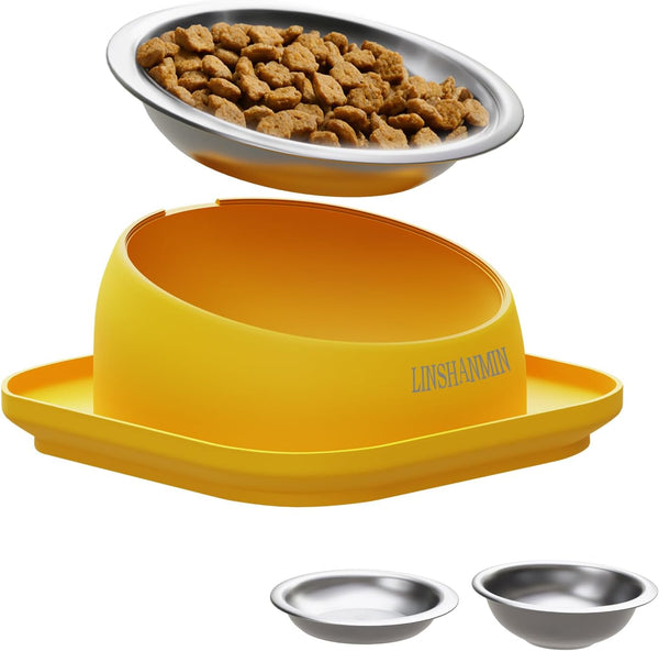 Tilted Cat Feeding Bowls, Whisker Friendly Raised Bowls for Indoor Cats, 3 in 1 Combined Design (Yellow)