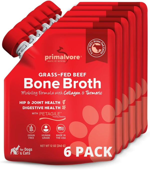 Primalvore Grass-Fed Beef Bone Broth for Dogs & Cats, Mobility Formula, 6 Pack, Made in USA