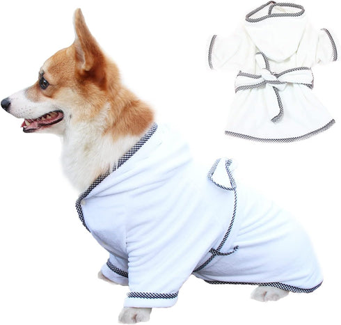 Dog Bathrobe, Microfiber Fast Drying Absorbent Hooded Bath Towel White for Puppy