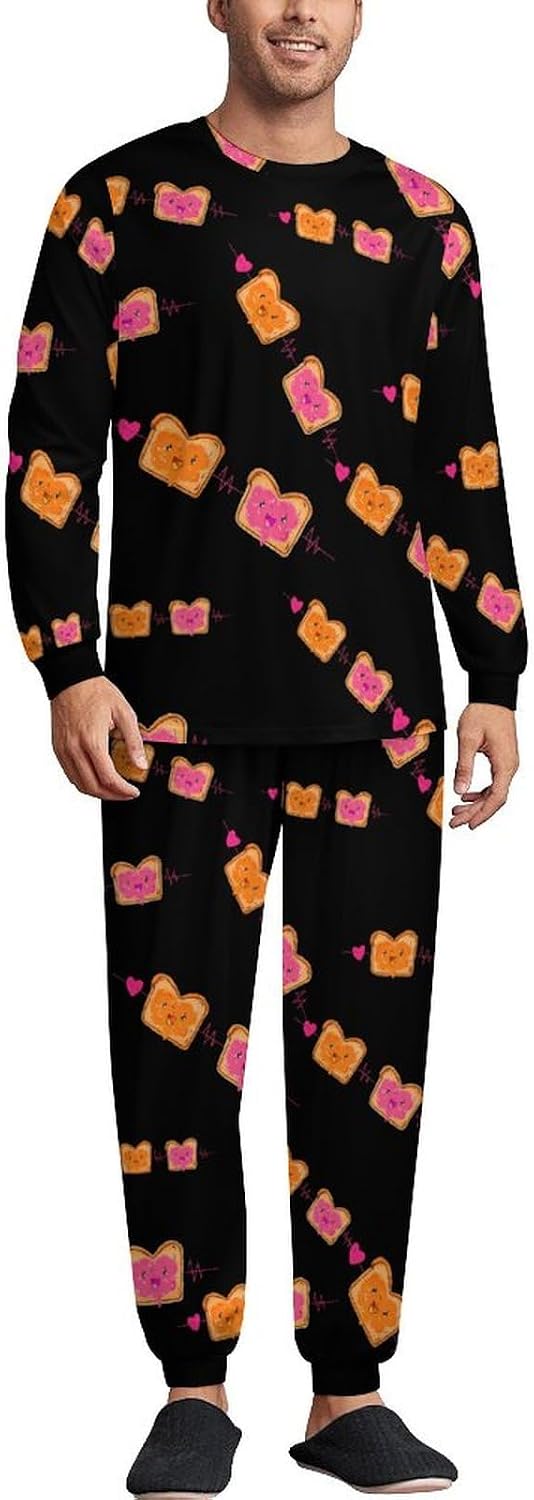 Generic Peanut Butter Jelly Heartbeat Men's Pajamas Set Long Sleeve Sleepwear Crew Neck