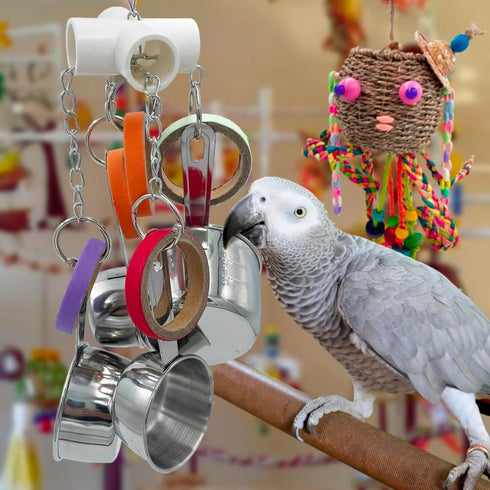 Durable Bird Parrots Toys, Pullable Stainless Steel Cup and Cardboard Ring Toys for Mini Macaws, African Greys,