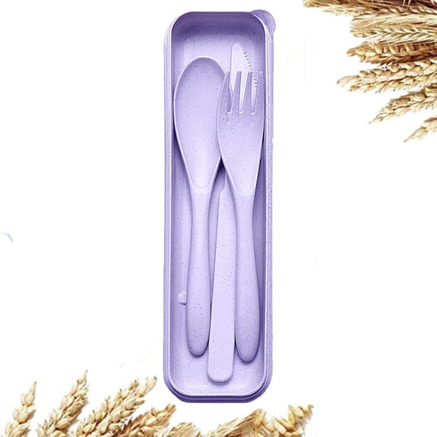 Reusable Utensils Set with Case, Portable Wheat Straw Cutlery Set, BPA-Free Knife Spoon Fork for Travel (Purple, 1)