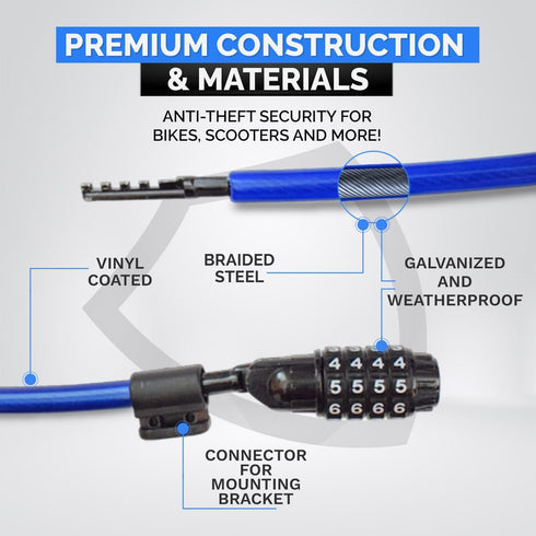 Security Cable Lock Set, Resettable Combination Lock with Mounting Bracket, Portable for Bikes and Scooters
