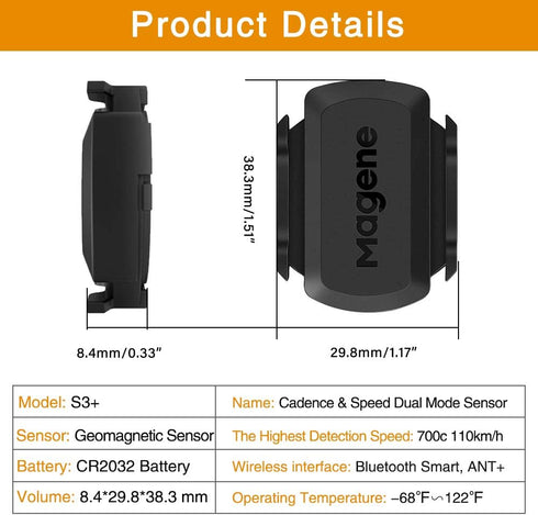 Magene Outdoor/Indoor Speed/Cadence Sensor, Wireless Bluetooth/Ant+ Bike Computer RPM Sensor for Cycling