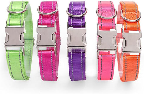 Reflective Dog Collar with Metal Buckle, Soft Sturdy Nylon Adjustable Collars with ID Tag Ring for Small Medium Large