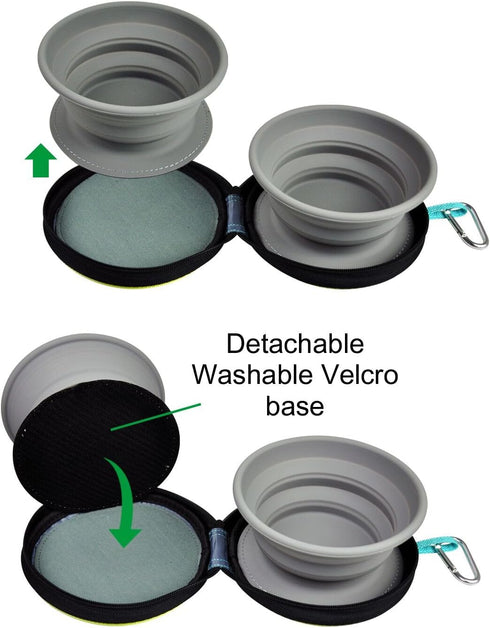 Portable 2 in 1 Pet Bowls with Zipper Carrying Case - Collapsible Double Travel Dog Bowls