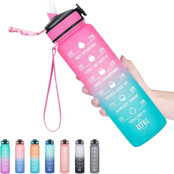 Hyeta 32 oz Water Bottles with Times to Drink and Straw, Motivational Leakproof Sports Water Bottle for Fitness