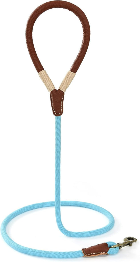 Mile High Life 5 Feet Dog Leash | Strong Rope with Premium Leather Handle | Heavy Duty Clasp | Blue for All Dogs