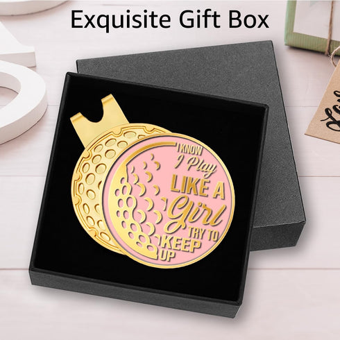 I Know I Play Like A Girl Pink Gold Golf Ball Marker with Hat Clip, Funny Golf Accessories for Women, Gifts for Golfers