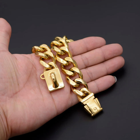18K Gold Dog Chain Collar with Secure Buckle, Heavy Duty Chew Proof for Dogs (20")