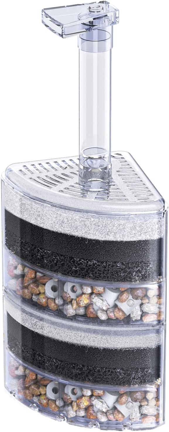 Pawfly Corner Sponge Filter, Quiet Small Bio Foam Filter with Natural Stones, Gravels, Ceramic Rings for Betta Fry,