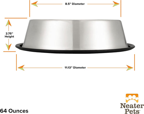 Neater Pet Brands Stainless Steel No-Skid & Non-Tip Dog Bowl for Food or Water, 64 oz