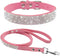 Rhinestone Bling Leather Dog Cat Collar & Leash Set, Crystal Diamonds Studded Cute Bowknot for Small Dogs