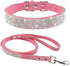 Rhinestone Bling Leather Dog Cat Collar & Leash Set, Crystal Diamonds Studded Cute Bowknot for Small Dogs