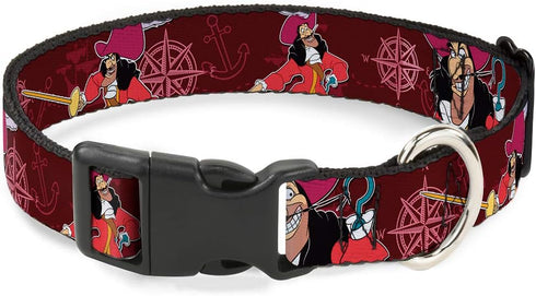 Buckle-Down Plastic Clip Collar, Captain Hook Poses/Nautical Elements, Burgundy, 1" Wide, Fits 11-17" Neck, Medium