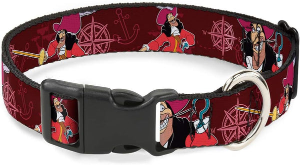 Buckle-Down Plastic Clip Collar, Captain Hook Poses/Nautical Elements, Burgundy, 1" Wide, Fits 11-17" Neck, Medium