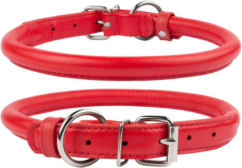 CollarDirect Rolled Leather Dog Collar, Soft Padded Round Puppy Collar, Handmade Genuine Leather, 6-7 Inch, Red Textured