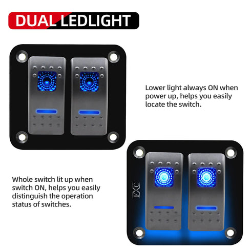 FXC Rocker Switch Aluminum Panel, 2 Gang Toggle Switches Dash, 5 Pin ON/Off, 2 LED Backlit for Boat Car Marine Blue
