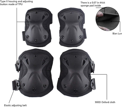 Tactical Combat Knee & Elbow Protective Pads Set for Outdoor CS Paintball Game, Cycling Safety Skateboarding Gear