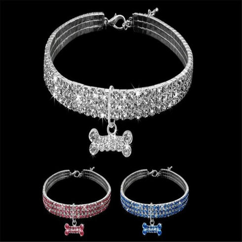 Dogs Kingdom 3 Rows Rhinestones Necklace Pet Cat Dog Collar, Bling Rhinestone Bone Jewelry, White, S:8-10" Neck