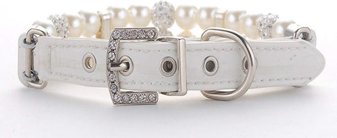 KUDES Dog Cat Pearl Collars with Crystal Rhinestone, Adjustable Cute Fashion Pet PU Leather Necklace for Small Dogs