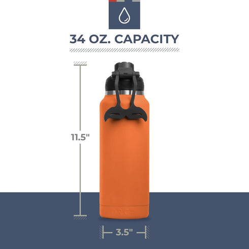 ORCA 34oz Hydra Insulated Stainless Steel Water Bottle with Powder Coat Finish & Silicone Grip Handle, Blaze Orange