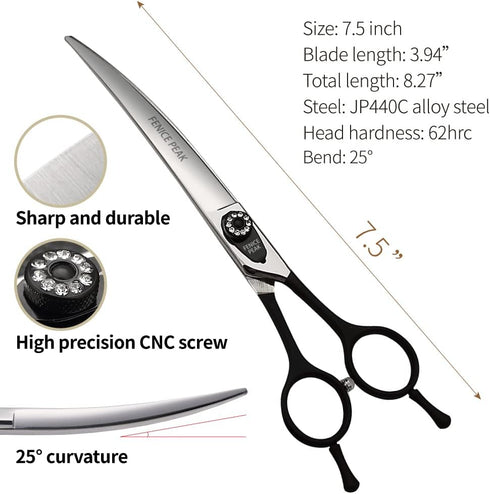 Fenice 7.5" Professional Grooming Scissors for Dogs, Curved Shears Made of Japanese Stainless Steel (Black)