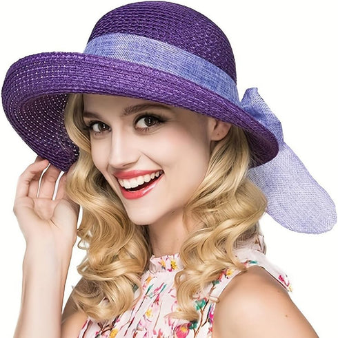Women Straw Sun Hats, Wide Brim Ribbons, Roll Up Bucket UPF 50+ Foldable Floppy Sun Hat with Strap for UV Protection