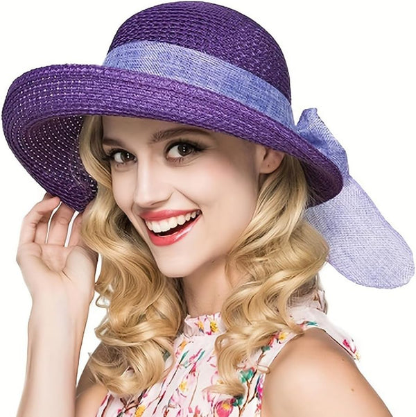 Women Straw Sun Hats, Wide Brim Ribbons, Roll Up Bucket UPF 50+ Foldable Floppy Sun Hat with Strap for UV Protection