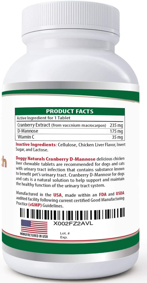 Cranberry D-Mannose for Dogs and Cats, Urinary Tract Infection Support, Double Strength Tablet, 150 Count