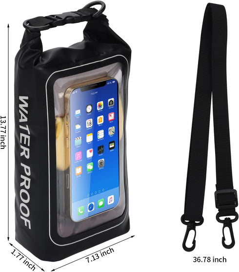 IP68 Waterproof Dry Bag, 2L - Roll Top Waterproof Pool Bag,dry bags for kayaking waterproof-w/Phone Pouch,Large Waterproof Phone Pouch,Boating & Kayak Accessories camping (black)