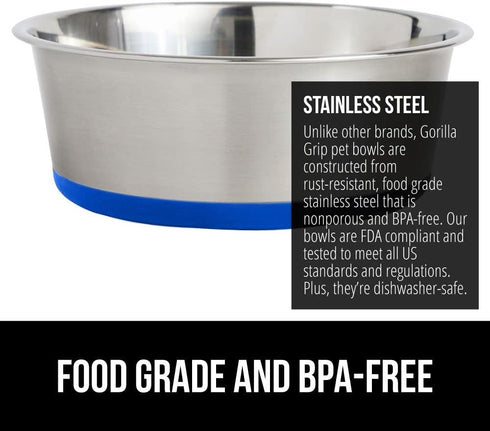 Gorilla Grip Stainless Steel Dog Bowl Set of 2, Heavy Duty Feeding Dishes with Rubber Base, Holds 2 Cups (16 fl oz)