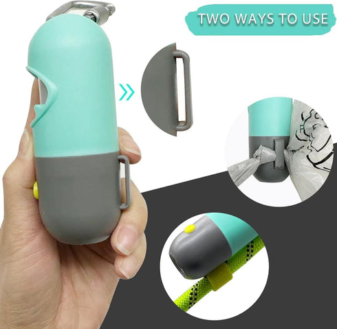 Dog Poop Bags Holder with LED Flashlight, 15 Crystal Blue Bags and 3 LR44 Batteries