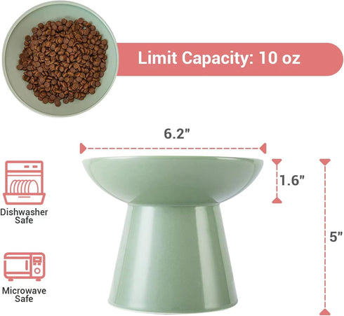 Extra Wide Elevated Cat Bowls - 6.2" Ceramic Cat Food Bowl, Shallow Dish, Whisker Fatigue, Lead & Cadmium Free, Sage