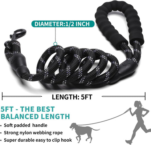 COOYOO Dog Leash 5/6 FT, Comfortable Padded Handle with Highly Reflective Threads for Small Medium Large Dogs