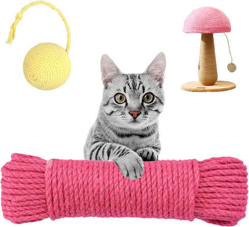 Multicolor Natural Hemp Rope for Cat Scratching Posts - 1/4" Replacement Rope for DIY Jute Twine, Includes Play Ball