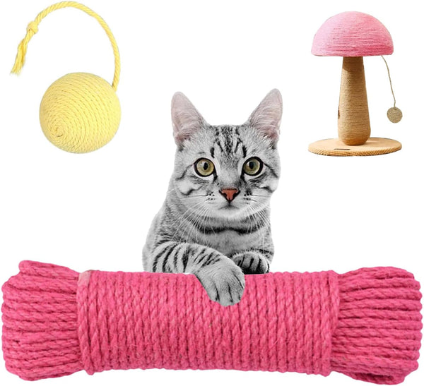 Multicolor Natural Hemp Rope for Cat Scratching Posts - 1/4" Replacement Rope for DIY Jute Twine, Includes Play Ball