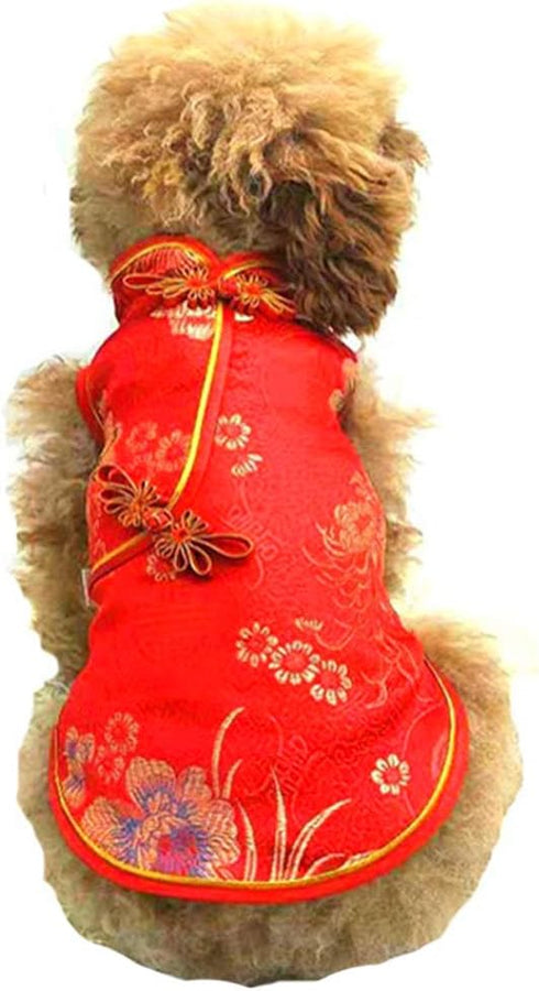 SEIS Pet Costume Tang Suit, Dog Cheongsam Satin Clothes, Chinese Style Clothing for Dogs, Pet Skirt (Red, XXS)