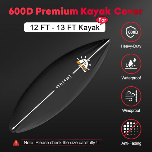 Kayak Cover 13 FT, 600D Heavy Duty Waterproof Canoe Cover for Outdoor Storage, Fits 12ft - 13ft Kayak