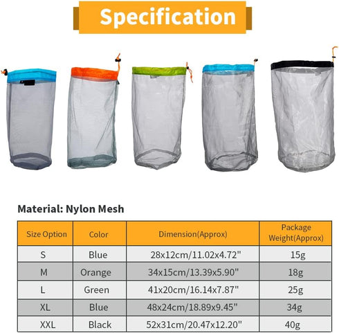 Ultralight Camping Mesh Storage Bag, Drawstring Nylon Sack for Outdoor Travel Hiking (XL-Blue)