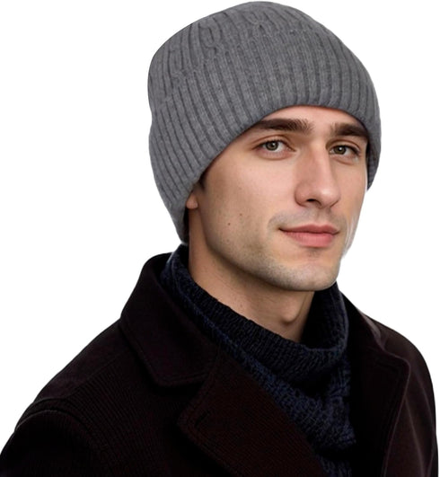 Thick Lined Cuff Beanie, Men & Women Winter Knit Skullcap, Roll-up Edge Thermal Cap
