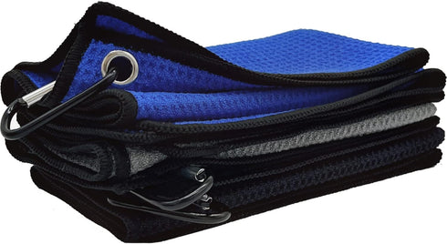 VIVIDLY 3 Pack Microfiber Golf Towels, Waffle Pattern in Black, Blue, Gray - Ideal Men's Golf Gifts