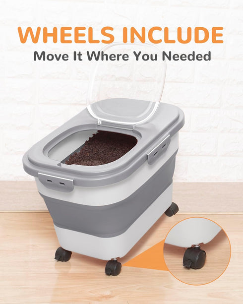 20-23Lbs Collapsible Dog Food Storage Container with Casters and Scoop, Travel Silicone Bowl - Keeps Dry Food Fresh