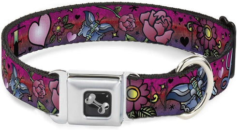 Buckle-Down Dog Collar Seatbelt Buckle Love Love Pink, Multi Color, 1.5" Wide, Fits 16-23" Neck, Medium