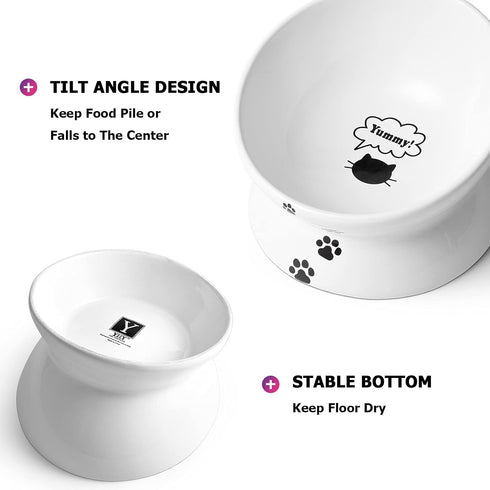 Y YHY Elevated Tilted Cat Food Bowl 6", Raised Ceramic Pet Food Water Dish 10 oz, White